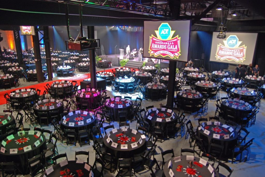 Multiple tables set up inside of The Sugar Mill, representing a wedding venue listed by The Event Glossary in New Orleans, LA